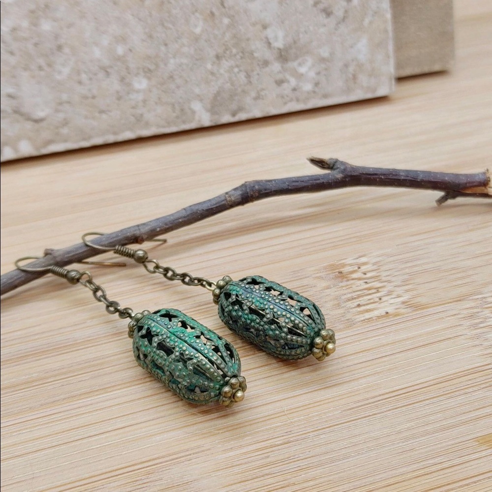 Handmade Green Vintage Lantern Earrings Repurposed